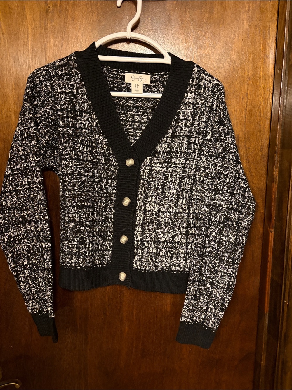 Jessica Simpson Black and White Tweed V-Neck Cardigan